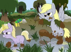 Size: 3000x2200 | Tagged: safe, artist:amateur-draw, derpibooru import, derpy hooves, dinky hooves, pegasus, pony, unicorn, bipedal, female, filly, foal, image, mare, mother and child, mother and daughter, mud, mud play, muddy, playing, png, swamp, toy, watergun, wet and messy