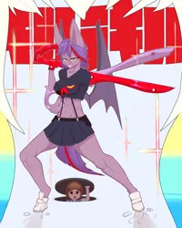 Size: 2800x3500 | Tagged: safe, artist:chapaevv, derpibooru import, oc, oc:clair de lune, anthro, bat pony, bat wings, boots, clothes, commission, costume, crossover, female, image, kill la kill, looking at you, mako, multicolored hair, offscreen character, png, pov, scissors, shoes, wings