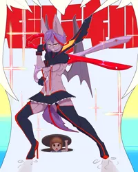 Size: 2800x3500 | Tagged: safe, artist:chapaevv, derpibooru import, oc, oc:clair de lune, anthro, bat pony, bat wings, boots, breasts, clothes, commission, costume, crossover, female, image, kill la kill, looking at you, mako, multicolored hair, offscreen character, png, pov, scissors, shoes, underboob, wings