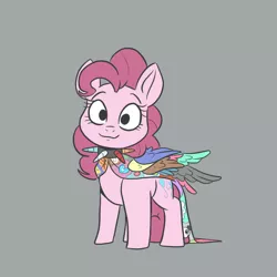 Size: 768x768 | Tagged: safe, artist:smirk, derpibooru import, pinkie pie, pony, fanfic:cupcakes, clothes, creepypasta, cute, cutie mark dress, dress, full body, gray background, horns, image, implied death, png, simple background, solo, wings