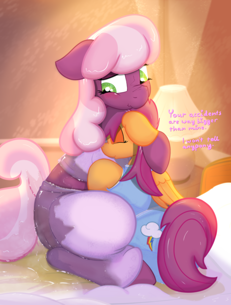 Size: 1639x2160 | Tagged: questionable, alternate version, artist:not_texmex, derpibooru import, cheerilee, scootaloo, earth pony, pegasus, pony, bed, bedroom, bedwetting, blushing, clothes, comforting, cuddling, cutie mark, cutie mark on clothes, derpibooru exclusive, dialogue, embarrassed, fetish, hug, image, incontinence, pajamas, pissing, platonic, platonic cuddling, png, potty failure, urine, watersports, wetting