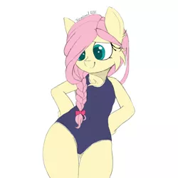 Size: 1080x1080 | Tagged: safe, artist:fajnyziomal, derpibooru import, fluttershy, pegasus, pony, alternate hairstyle, cheek fluff, chest fluff, clothes, commission, cute, ear fluff, image, jpeg, ponytail, solo, swimsuit, your character here