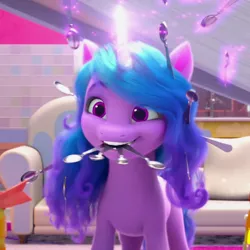 Size: 800x800 | Tagged: safe, derpibooru import, screencap, izzy moonbow, pony, unicorn, my little pony: make your mark, spoiler:my little pony: make your mark, cropped, cute, female, g5, glow, glowing horn, horn, image, izzybetes, levitation, magic, mare, open mouth, png, smiling, solo, spoon, telekinesis