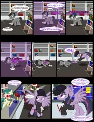 Size: 1042x1358 | Tagged: safe, artist:dendoctor, derpibooru import, doctor whooves, mean twilight sparkle, time turner, twilight sparkle, twilight sparkle (alicorn), alicorn, pegasus, pony, comic:clone.., alternate universe, bits, book, bookshelf, bookstore, clone, comic, discord whooves, discorded whooves, female, glow, hat, image, jpeg, magic, male, note, scroll, telekinesis