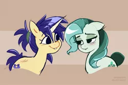 Size: 2530x1675 | Tagged: safe, artist:syrupyyy, derpibooru import, oc, oc:iris sparkler, oc:spring mint, unofficial characters only, earth pony, pony, unicorn, blushing, cute, duo, female, grin, image, jpeg, lip bite, looking at each other, looking at someone, mare, markings, redesign, smiling
