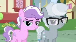 Size: 1280x720 | Tagged: safe, derpibooru import, edit, edited screencap, editor:deserter, screencap, diamond tiara, silver spoon, earth pony, pony, alternate hairstyle, ear piercing, earring, female, filly, foal, glasses, image, jewelry, lidded eyes, looking at you, piercing, png, smiling, smirk, tomboy
