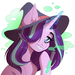 Size: 2000x2000 | Tagged: safe, artist:lomilykohi, derpibooru import, starlight glimmer, pony, unicorn, collaboration, collaboration:choose your starlight, ear fluff, female, hair over one eye, hat, image, looking at you, magic, magic aura, png, potion, simple background, smiling, solo, test tube, transparent background, witch hat