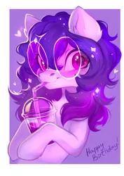 Size: 2894x4093 | Tagged: safe, artist:sofiko-ko, derpibooru import, oc, oc:share dast, unofficial characters only, earth pony, pony, bendy straw, chest fluff, cup, drinking, drinking straw, female, freckles, gift art, glasses, happy birthday, image, jpeg, looking at you, mare, smiling, smiling at you