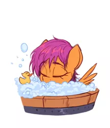 Size: 1658x1916 | Tagged: safe, artist:fanzeem, derpibooru import, scootaloo, pegasus, pony, bubble bath, eyes closed, female, filly, foal, image, jpeg, rubber duck, simple background, solo, white background