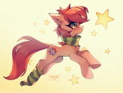 Size: 3858x2916 | Tagged: safe, artist:share dast, derpibooru import, oc, oc:rusty gears, unofficial characters only, earth pony, pony, chest fluff, clothes, female, freckles, image, jpeg, mare, scarf, smiling, socks, solo, stars, striped scarf, striped socks