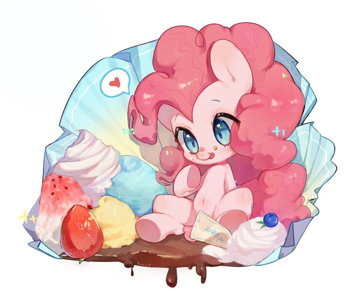 Size: 1143x945 | Tagged: safe, artist:sunnyduck233, derpibooru import, pinkie pie, earth pony, pony, belly button, blueberry, chocolate, crumbs, cupcake, cute, diapinkes, female, filly, filly pinkie pie, foal, food, frosting, heart, ice cream, image, jpeg, solo, strategically covered, strawberry, whipped cream, wrapper, younger