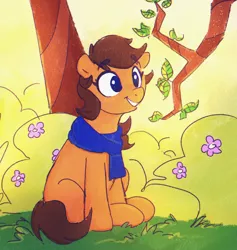 Size: 1942x2048 | Tagged: safe, artist:thefloatingtree, derpibooru import, oc, unofficial characters only, earth pony, pony, bush, clothes, female, flower, grass, image, jpeg, mare, scarf, scenery, sitting, smiling, solo, tree