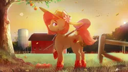 Size: 2048x1152 | Tagged: safe, artist:naafreelanceartist, derpibooru import, oc, unofficial characters only, earth pony, pony, boots, bow, clothes, commission, farm, forest, grass, hat, image, jpeg, lidded eyes, looking at you, raised hoof, shoes, shovel, smiling, smiling at you, solo, tail, tail bow, tree