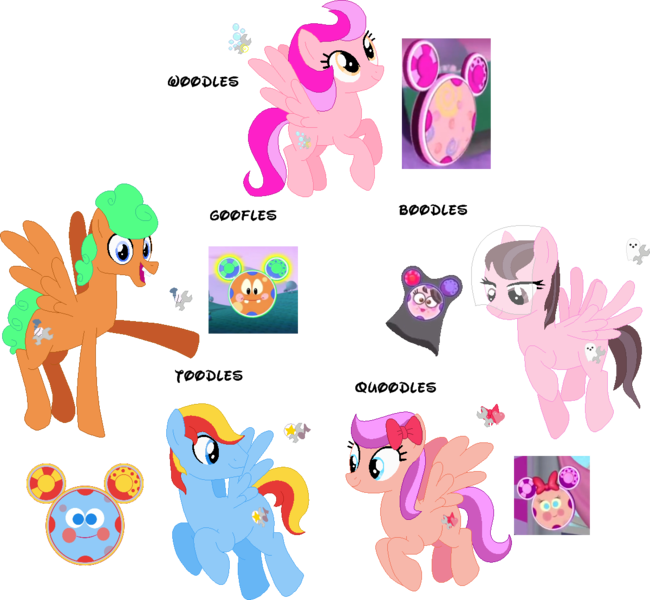 Size: 1200x1108 | Tagged: safe, artist:victorfazbear, derpibooru import, ponified, pegasus, pony, boodles, bow, bucktooth, disney, female, flying, g4, goofles, goofy, hair bow, helpers, image, male, mare, mickey mouse clubhouse, png, quoodles, silly, simple background, stallion, toodles, transparent background, woodles