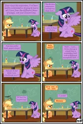 Size: 1600x2379 | Tagged: safe, artist:gutovi, derpibooru import, applejack, twilight sparkle, twilight sparkle (alicorn), alicorn, earth pony, pony, comic:why me!?, alternate ending, apple, apple juice, comic, cooking, female, food, hat, high res, image, juice, lesbian, mare, png, shipping, show accurate, sweet apple acres, table, twijack