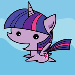 Size: 500x500 | Tagged: safe, artist:sechst_himmel, derpibooru import, twilight sparkle, twilight sparkle (alicorn), alicorn, pony, animated, beady eyes, blue background, female, flying, gif, horn, image, mare, open mouth, simple background, solo, wings