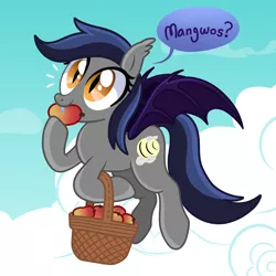 Size: 1280x1281 | Tagged: safe, artist:goreharvest, derpibooru import, oc, oc:echo, unofficial characters only, bat pony, pony, female, food, image, jpeg, mango, mare, speech bubble