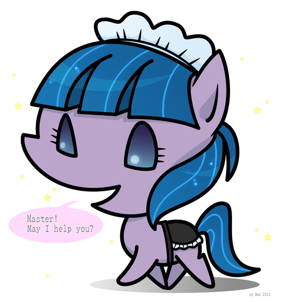 Size: 2299x2377 | Tagged: safe, artist:sechst_himmel, derpibooru import, tote bag (character), earth pony, pony, crusaders of the lost mark, background pony, clothes, image, jpeg, maid, master, simple background, solo, speech, speech bubble, stars, talking, white background