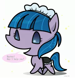 Size: 2299x2377 | Tagged: safe, artist:sechst_himmel, derpibooru import, tote bag (character), earth pony, pony, crusaders of the lost mark, background pony, clothes, image, jpeg, maid, master, simple background, solo, speech, speech bubble, stars, talking, white background