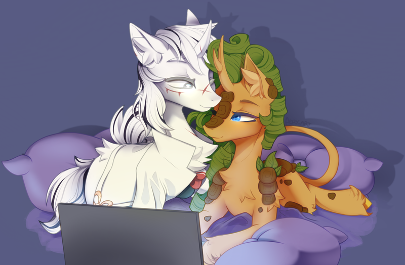 Size: 2540x1663 | Tagged: safe, artist:aeryart, derpibooru import, oc, oc:eldorada, oc:yiazmat, kirin, unicorn, comfy, computer, couple, cushion, duo, female, hooves, horn, husband and wife, image, kikin, kirin oc, male, png, shipping, unicorn oc