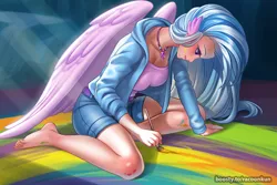 Size: 1200x800 | Tagged: safe, artist:racoonsan, derpibooru import, silverstream, human, barefoot, belt, clothes, feet, female, humanized, image, jacket, jewelry, jpeg, necklace, older, older silverstream, paint, paintbrush, painting, shorts, solo, wing ears, winged humanization, wings