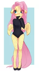 Size: 2268x4093 | Tagged: safe, artist:sofiko-ko, derpibooru import, fluttershy, anthro, pegasus, blushing, clothes, eye clipping through hair, eyebrows, eyebrows visible through hair, female, finger to mouth pose, fishnets, high heels, image, jpeg, leotard, shoes, solo, spread wings, sweater, turtleneck, wings
