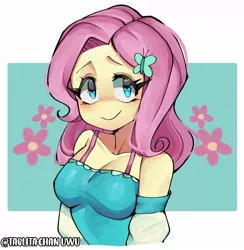 Size: 1200x1231 | Tagged: safe, artist:tablitachan5, derpibooru import, fluttershy, equestria girls, bra, bra strap, breasts, bust, butterfly hairpin, cleavage, clothes, female, flower, image, jpeg, looking at you, solo, underwear