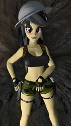 Size: 1080x1920 | Tagged: safe, artist:oatmeal!, derpibooru import, daring do, human, equestria girls, 3d, big breasts, breasts, cave, clothes, explorer outfit, fingerless gloves, gloves, gmod, gun, hand on hip, huge breasts, humanized, image, lara croft, looking at you, png, sexy, shorts, solo, sports bra, tomb raider, weapon