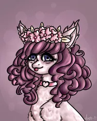 Size: 1000x1250 | Tagged: safe, alternate version, artist:dillice, derpibooru import, oc, unofficial characters only, earth pony, pony, :p, bust, choker, ear fluff, earth pony oc, female, floral head wreath, flower, image, jpeg, mare, signature, solo, tongue out