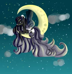 Size: 2121x2160 | Tagged: safe, alternate version, artist:dillice, derpibooru import, oc, unofficial characters only, pegasus, pony, crescent moon, female, image, jpeg, mare, moon, night, pegasus oc, signature, solo, stars, tangible heavenly object, transparent moon, wings