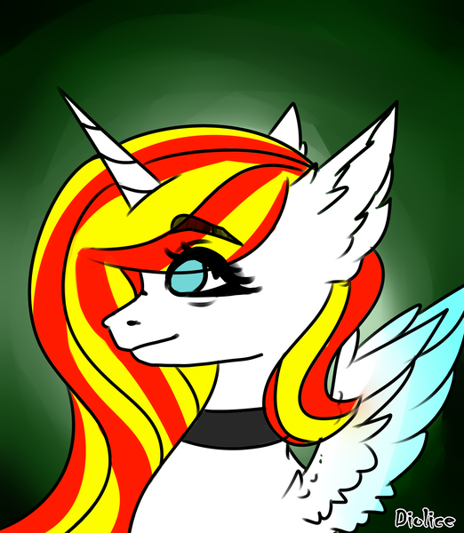 Size: 2000x2300 | Tagged: safe, artist:dillice, derpibooru import, oc, unofficial characters only, alicorn, pony, alicorn oc, bust, choker, ear fluff, eye clipping through hair, eyelashes, female, gradient background, horn, image, mare, png, solo, wings