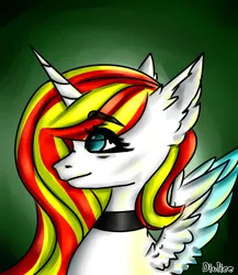 Size: 2000x2300 | Tagged: safe, alternate version, artist:dillice, derpibooru import, oc, unofficial characters only, alicorn, pony, alicorn oc, bust, choker, ear fluff, eye clipping through hair, eyelashes, female, gradient background, horn, image, mare, png, solo, wings