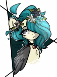 Size: 1141x1532 | Tagged: artist needed, safe, derpibooru import, oc, unofficial characters only, pegasus, pony, abstract background, bust, choker, female, floral head wreath, flower, frown, hair over one eye, image, jpeg, mare, pegasus oc, solo, wings