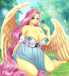 Size: 840x924 | Tagged: suggestive, artist:spottedtigress, derpibooru import, fluttershy, anthro, butterfly, digitigrade anthro, insect, pegasus, pony, unguligrade anthro, absolute cleavage, angelic wings, big breasts, blushing, breasts, busty fluttershy, cleavage, clothes, dress, female, huge breasts, image, looking at you, mare, outdoors, png, smiling, smiling at you, solo, solo female, wings