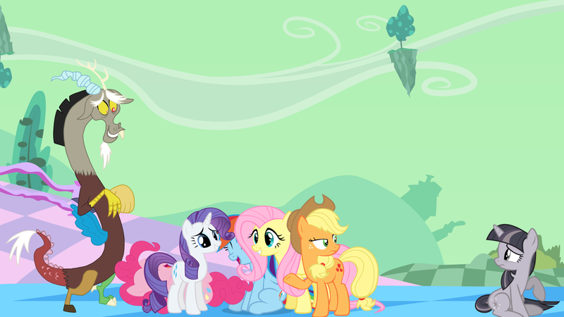 Size: 1920x1080 | Tagged: safe, artist:byteslice edits, artist:lcpsycho, artist:lilcinnamon, artist:onebigbarbarian, artist:porygon2z, artist:sollace, artist:wardex101, derpibooru import, applejack, discord, fluttershy, pinkie pie, rainbow dash, rarity, twilight sparkle, draconequus, pegasus, pony, unicorn, chaos, discorded, discorded landscape, discorded twilight, floating island, green sky, image, laughing, png, scenery, twilight tragedy