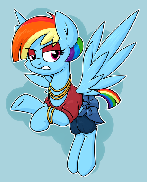 Size: 1290x1592 | Tagged: safe, artist:moonatik, derpibooru import, rainbow dash, pegasus, pony, alternate hairstyle, bracelet, clothes, eyeshadow, female, image, jewelry, makeup, mare, necklace, png, rainbow dash always dresses in style, shirt, shorts, solo, vulgar description