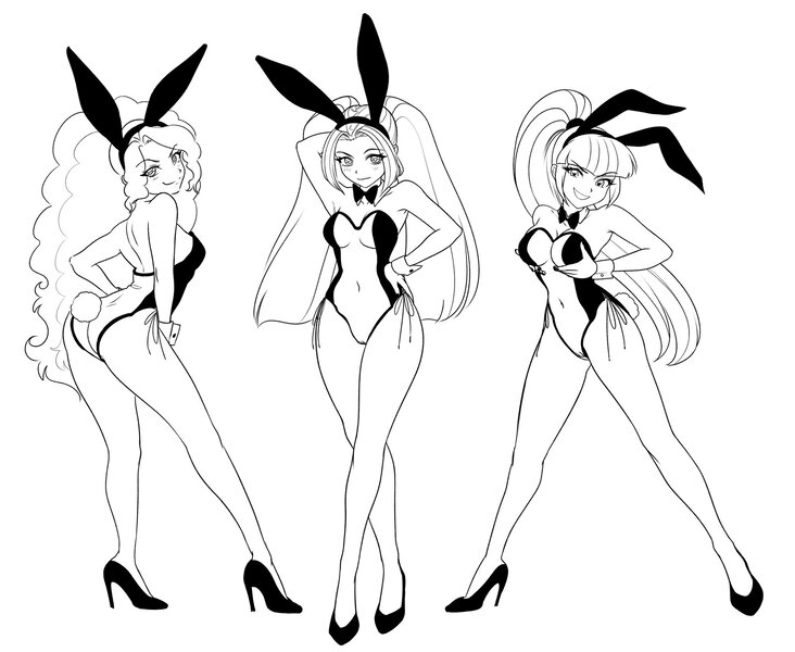 Size: 2048x1679 | Tagged: questionable, artist:rileyav, derpibooru import, adagio dazzle, aria blaze, sonata dusk, equestria girls, adagio dat-azzle, ass, bedroom eyes, black and white, blushing, breasts, bunny ears, bunny suit, busty adagio dazzle, busty aria blaze, busty dazzlings, busty sonata dusk, butt, cameltoe, cleavage, clothes, commission, female, females only, grayscale, grope, hand on hip, high heels, image, jpeg, lineart, looking at you, monochrome, self grope, shoes, simple background, smiling, smiling at you, the dazzlings, trio, trio female, white background