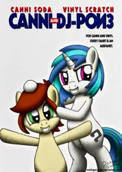 Size: 710x1000 | Tagged: safe, artist:rockingscorpion, derpibooru import, vinyl scratch, oc, oc:canni soda, earth pony, pony, unicorn, 2017, ausfahrt, bipedal, dumb and dumber, duo, female, image, mare, parody, png