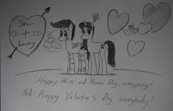 Size: 1936x1248 | Tagged: safe, artist:ricky47, derpibooru import, oc, oc:lucy, oc:scar, unofficial characters only, blushing, drawing, heart, holiday, image, jpeg, thought bubble, valentine, valentine's day