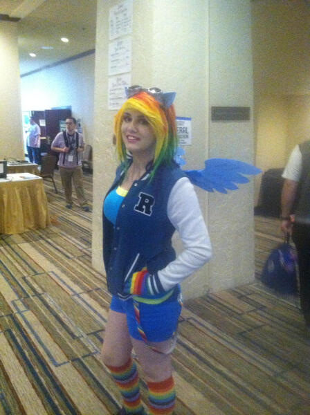 Size: 1936x2592 | Tagged: safe, artist:nativebrony-91, derpibooru import, rainbow dash, human, clothes, cosplay, costume, everfree northwest, everfree northwest 2016, goggles, image, irl, irl human, jpeg, multicolored hair, photo, rainbow hair