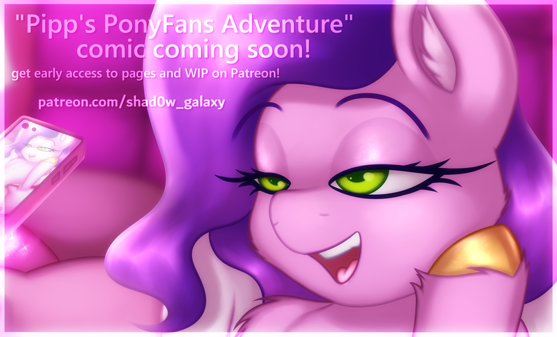 Size: 3268x1976 | Tagged: suggestive, artist:shad0w-galaxy, derpibooru import, pipp petals, pegasus, pony, my little pony: a new generation, advertisement, advertisement in description, advertising, bed, bedroom eyes, cheek fluff, chest fluff, coming soon, cropped, cropped porn, ear fluff, female, fluffy, g5, high res, hoof fluff, image, levitation, magic, mare, onlyfans, open mouth, phone, pillow, png, ponyfans, shoulder fluff, smiling, solo, teaser, telekinesis, text, tongue out, unshorn fetlocks