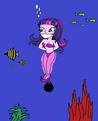 Size: 1021x1262 | Tagged: safe, artist:walnutwilly, derpibooru import, twilight sparkle, human, equestria girls, asphyxiation, ball and chain, bubble, cloth gag, danger, drowning, gag, humanized, image, peril, png, sinking, tied up, underwater