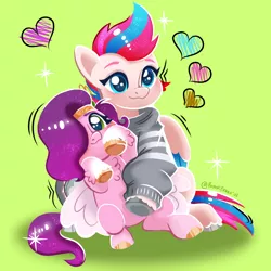 Size: 1280x1280 | Tagged: safe, artist:puyohh, derpibooru import, pipp petals, zipp storm, pegasus, pony, my little pony: a new generation, adorable face, blue eyes, blushing, clothes, cute, duo, duo female, eyebrows, fanart, female, filly, foal, g5, gray, gray sweater, green background, green eyes, hair over one eye, heart, holding, image, mane, mare, pegasister, pink coat, png, purple mane, red mane, siblings, signature, simple background, sisters, sitting, smiling, sweater, tail, unshorn fetlocks, white coat, wings, zephyrina