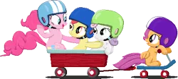 Size: 448x201 | Tagged: safe, artist:rockingscorpion, derpibooru import, apple bloom, pinkie pie, scootaloo, sweetie belle, earth pony, pegasus, pony, unicorn, the cutie mark chronicles, cutie mark crusaders, female, filly, foal, helmet, image, mare, pixel art, png, scooter, simple background, transparent background, wagon