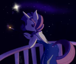 Size: 1256x1064 | Tagged: safe, artist:computershits, derpibooru import, rarity, semi-anthro, unicorn, alternate hairstyle, backless, balcony, cigarette, cigarette holder, clothes, dress, ear piercing, earring, female, horn, image, jewelry, piercing, png, shooting star, solo, sparkles, stars, tail, tail hole