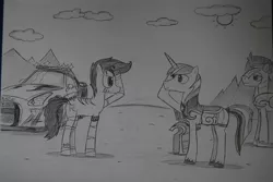 Size: 1812x1214 | Tagged: safe, artist:ricky47, derpibooru import, shining armor, oc, oc:scar, earth pony, pony, unicorn, armor, farewell, image, jpeg, looking at each other, looking at someone, police car, royal guard, salute