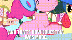 Size: 400x225 | Tagged: safe, derpibooru import, apple bloom, pinkie pie, sweetie belle, earth pony, pony, unicorn, season 1, the cutie mark chronicles, and that's how equestria was made, animated, female, filly, foal, gif, helmet, image, mare