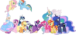 Size: 5298x2438 | Tagged: safe, artist:boogeyboy1, derpibooru import, edit, vector edit, applejack, fluttershy, megan williams, pinkie pie, princess cadance, princess celestia, princess luna, rainbow dash, rarity, shining armor, spike, sunset shimmer, twilight sparkle, alicorn, earth pony, human, pegasus, pony, unicorn, season 5, clothes, dress, dressup, froufrou glittery lacy outfit, group photo, group picture, group shot, happy, image, looking at each other, looking at someone, looking down, mane six, open mouth, png, pregnant, princess, simple background, smiling, smiling at each other, transparent background, vector