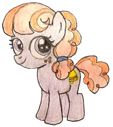 Size: 579x646 | Tagged: safe, artist:jebens1, derpibooru import, jing-a-ling, earth pony, pony, my little pony tales, bell, female, filly, foal, freckles, g1, g4, generation leap, image, png, simple background, smiling, solo, traditional art, transparent background