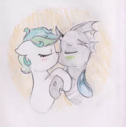 Size: 2290x2318 | Tagged: suggestive, artist:foxtrot3, derpibooru import, oc, oc:karakusa, oc:whistle, unofficial characters only, changeling, earth pony, blushing, image, jpeg, kissing